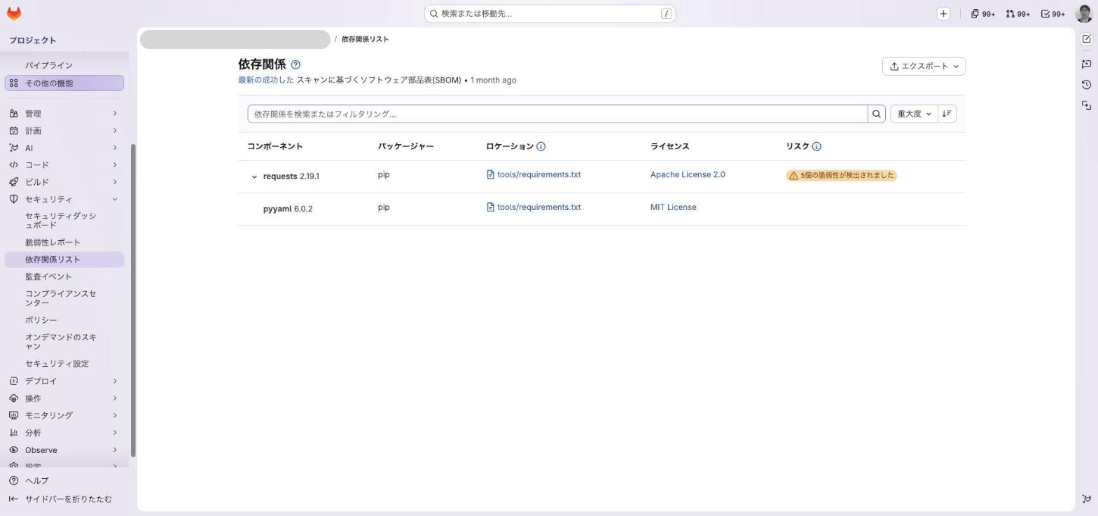 GitLabの依存関係リスト画面。スキャンで自動検出されるのはrequestsとpyyamlの2件のみ